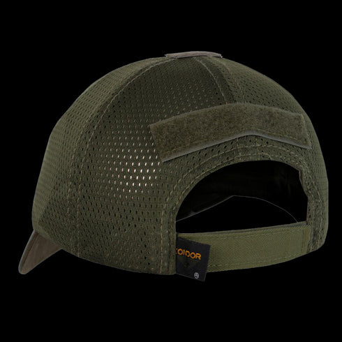 Back view of the Condor Tactical Team Mesh Cap - Scorpion OCP, featuring olive green mesh, a hook-and-loop patch above the adjustable opening, and a small black Condor tag on the strap.